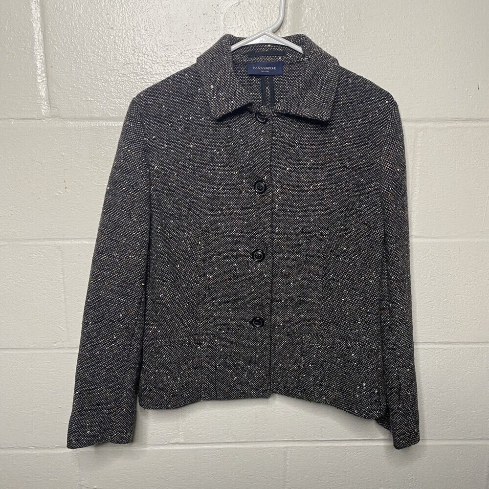 Piazza Sempione Black Wool Tweed Blazer Jacket Sz 44 US 8 Made In Italy 3 Button - Picture 3 of 13